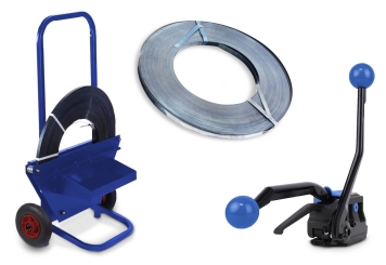 Set de cerclage en acier, y compris outil de cerclage, dérouleur, bande de cerclage, TecMaschin 