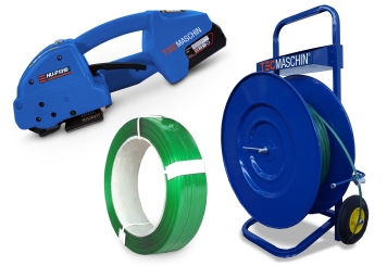 Kit de cerclage par accu Profi : chariot de déroulement, appareil de cerclage Profi avec accu de rechange, PET feuillard de cerclage, TecMaschin 