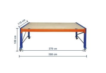2,8 m table de base mobile pour établi pour charges lourdes SLW1500 / profondeur 110 cm / hauteur 1,09 m / niveaux : 1 / platelage Bois 