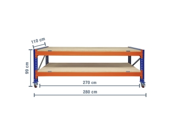 2,8 m table de base mobile pour établi pour charges lourdes SLW1500 / profondeur 110 cm / hauteur 0,99 m / niveaux : 2 / platelage Bois 