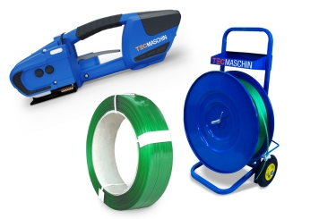 Kit de cerclage à batterie : chariot dérouleur, appareil de cerclage avec batterie de rechange, PET bande de cerclage (composée à 99 % de matériaux recyclés), TecMaschin 