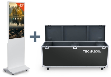Mobilny cyfrowy totem DKS-LED43 wraz z skrzynką transportową, biały, 43 in wyświetlaczem, Android 11, TecMaschin 