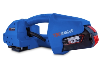 Kit de cerclage par accu Profi : chariot de déroulement, appareil de cerclage Profi avec accu de rechange, PET feuillard de cerclage, TecMaschin 