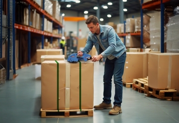 Kit de cerclage par accu Profi : chariot de déroulement, appareil de cerclage Profi avec accu de rechange, PET feuillard de cerclage, TecMaschin 