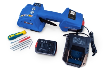 Kit de cerclage par accu Profi : chariot de déroulement, appareil de cerclage Profi avec accu de rechange, PET feuillard de cerclage, TecMaschin 