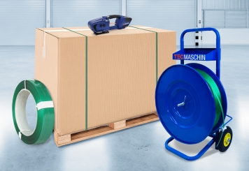 Kit de cerclage à batterie : chariot dérouleur, appareil de cerclage avec batterie de rechange, PET bande de cerclage (composée à 99 % de matériaux recyclés), TecMaschin 